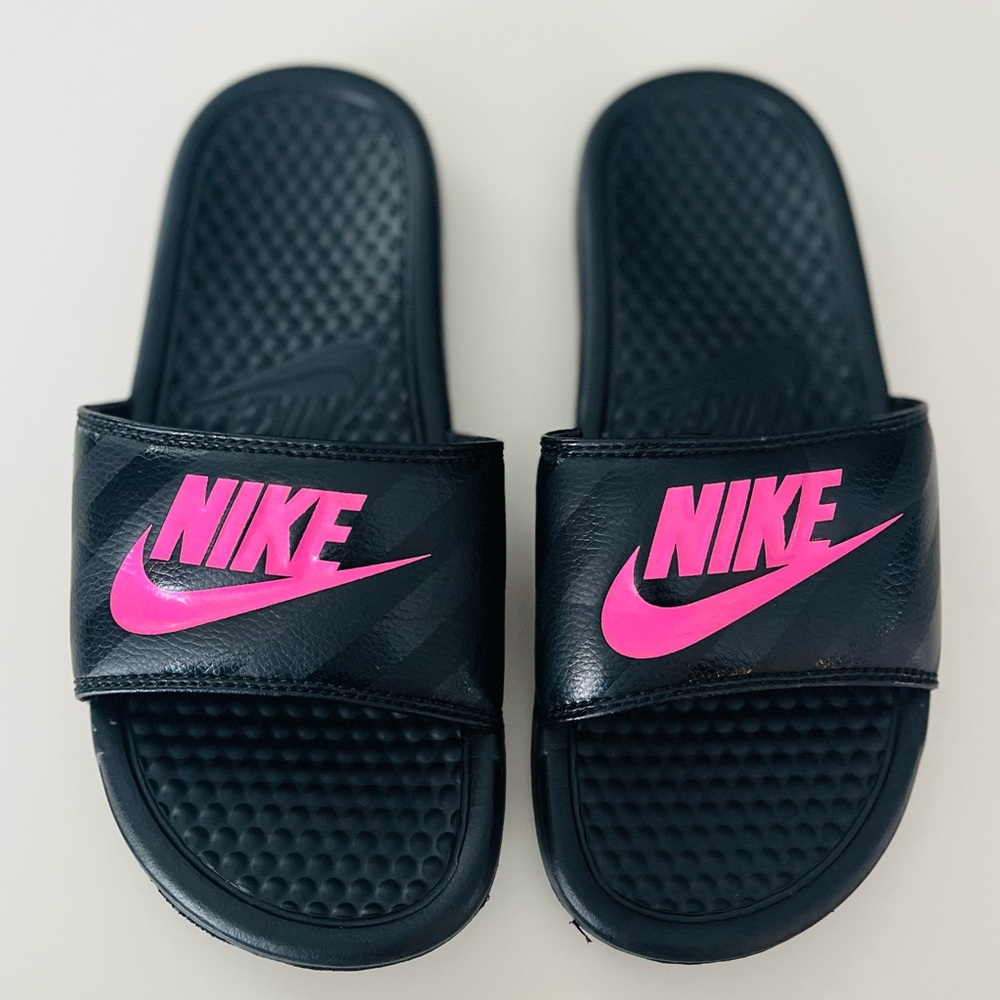 Nike Black and Pink Slide Sandals